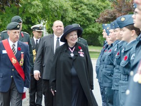 Queen Elizabeth II’s representative in Ontario Lieutenant Governor Elizabeth Dowdeswell inspects local Goderich cadets who participated in the parade before the unveiling of the Huron County Afghanistan Community Monument Saturday, Oct 1. The monument stands to honour the 40,000 Canadian Armed Forces members who fought during the 12-year war in the Middle Eastern County.  (Darryl Coote/The Goderich Signal Star)