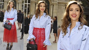 Jessica Alba wears a white sports bra with an oversized shirt and
