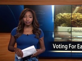Charlo Greene in the process of quitting live on air in favour of the Alaska Cannabis Club. (YouTube/Alaska Cannabis Club)