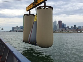 Testing of the energy accumulator is conducted on the Lake Ontario. The University of Windsor is playing a critical role in developing the country’s first underwater compressed-air energy storage and conversion system. Photograph courtesy of Hydrostor