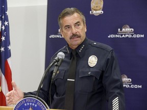 Police Chief Charlie Beck talks during a news conference in Los Angeles, Monday, Oct. 3, 2016. (AP Photo/Nick Ut)