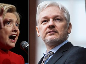 Hillary Clinton (left) suggesting taking out Julian Assange with a drone, a new report reveals. (JUSTIN SULLIVAN/Getty Images/JACK TAYLOR/AFP/Getty Images)
