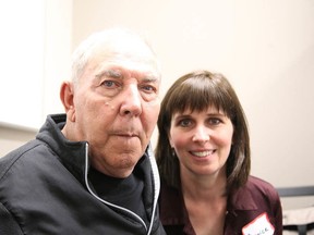 Janice Martel and her father Jim Hobbs wait to see a doctor at the McIntyre Powder Project Intake Clinics in Sudbury. (Gino Donato/Sudbury Star)