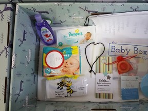 The contents of the Baby Box which is available at the Cochrane Child Care Centre Garde D'Enfants De Cochrane.