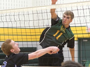 Gemini senior Trent Sinden goes up for a spike against Ingersoll. (CHRIS ABBOTT/TILLSONBURG NEWS)