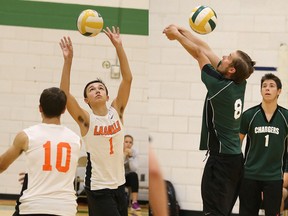 Gino Donato/Sudbury Star
Michael Babcock, of the Lasalle Secondary School senior volleyball team, sets the ball in the left photo, as Confederation Chargers' Josh Kneblewski bumps the ball in the right photo. The teams competed on Monday evening.