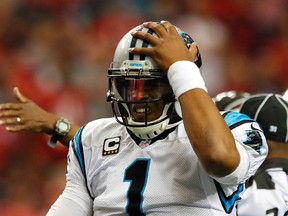 Cam Newton of the Carolina Panthers reacts after being flagged with a taunting penalty against the Atlanta Falcons at Georgia Dome on Oct. 2, 2016 in Atlanta. (Kevin C. Cox/Getty Images)