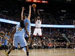 Terrence Ross of the Toronto Raptors shoots the ball against the Denver Nuggets on Oct. 3, 2016 at the Scotiabank Saddledome in Calgary. (Todd Korol /NBAE via Getty Images)