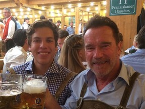 Arnold Schwarzenegger shared a photo on Facebook of him with his son Joseph celebrating Oktoberfest in Munich. (Arnold Schwarzenegger/Facebook)
