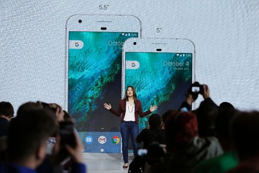 Sabrina Ellis, Google director of product management, talks about the new Google Pixel phone during a product event, Tuesday, Oct. 4, 2016, in San Francisco. The new phones represent a big, new push by Google to sell its own consumer devices, instead of largely just supplying software for other manufacturers. (AP Photo/Eric Risberg)