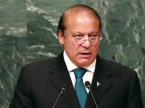 Pakistan's Prime Minister Nawaz Sharif addresses the General Assembly at the United Nations on September 21, 2016 in New York City. Sharif denounced an attack on an Indian army base by jihadi suicide bombers infiltrating from Pakistan, which left 19 Indian soldiers dead. (Photo by Spencer Platt/Getty Images)