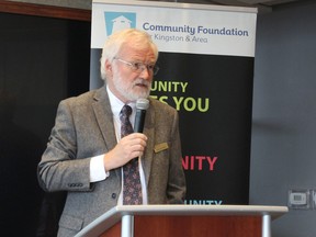 Michael Bell, the project leader for the annual Vital Signs report produced by the Community Foundation for Kingston and Area to provide a glimpse of life in the region, discusses the report during its release in Kingston, Ont., on Tuesday, Oct. 4, 2016. (Michael Lea/The Whig-Standard)