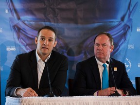 David Grevemberg, CEO of the Commonwealth Games Federation, left, and Commonwealth Games Canada president Rick Powers discussed the changing role of the federation during a press conference Tuesday at the Chateau Lacombe. (Greg Southam)