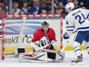 Senators goalie Craig Anderson stops a shot from Maple Leafs centre Peter Holland during the second period of an NHL pre-season game in Saskatoon on Tuesday, Oct. 4, 2016. (Liam Richards/The Canadian Press)