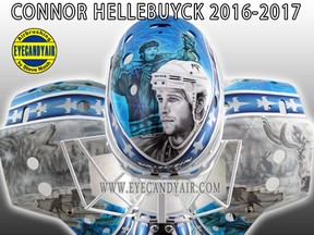 Connor Hellebuyck's mask, with art of Dan Snyder, by Eye Candy Air.