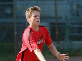 Tristan Haagsma returns a serve during the Lambton Kent north regional tennis tournament at the Sarnia Tennis Club on Wednesday October 5, 2016 in Sarnia, Ont. Haagsma and Northern Vikings teammate Courtney Tremain captured the mixed doubles championship and will advance to next week's Lambton Kent tournament. (Terry Bridge/Sarnia Observer)