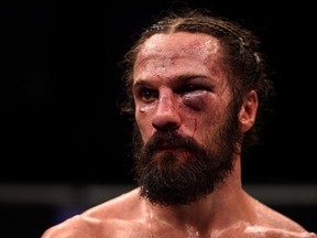 Josh Samman reacts to his loss to Tim Boetsch in their middleweight bout during the UFC Fight Night event on July 13, 2016 at Denny Sanford Premier Center in Sioux Falls, South Dakota. (Jeff Bottari/Zuffa LLC/Zuffa LLC via Getty Images)