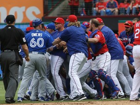 Things got heated when the Blue Jays and Rangers faced each other in Arlington, Texas, on May 15. (LM Otero/AP Photo)