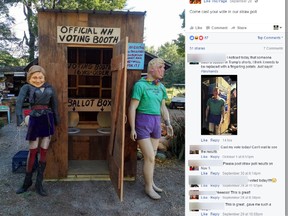 Owens Truck Farm in Ashland, New Hampshire, posted this photo of their decorative outhouse-turned-voting booth on their Facebook page. (Owens Truck Farm/Facebook)