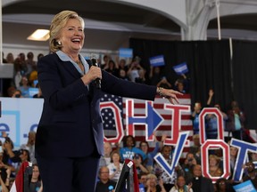 Justin Sullivan/Getty Images
Democratic presidential nominee Hillary Clinton speaks during a campaign rally at Goodyear Hall and Theatre on Monday in Akron, Ohio. Clinton is campaigning in Ohio ahead of the Nov. 8 election.