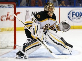 Bruins goalie Tuukka Rask in action against the Blues in St. Louis on April 1, 2016. New, slimmer goalie pants will be in effect for the start of the season with smaller chest protectors on the way soon enough. (Billy Hurst/AP Photo/File)