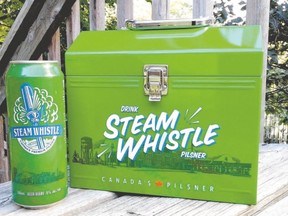 Steam Whistle has released six tall boys in a 1950s-style construction workers? metal lunch box with embossed lettering for $24.95.