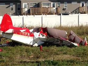 A small biplane crashed in the town of Blackfalds about 2:30 p.m. on Thursday. (BLACKFALDS LIFE/GORDIE WEBER)