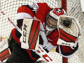 67's goalie Leo Lazarev made 33 saves in a loss to the Frontenacs in Ottawa on Thursday. (Darren Brown/Postmedia/Files)