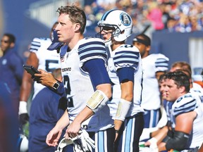 Argonauts QB Drew Willy has had to get used to a whole new corps of receivers in practice this week. (Kevin King, Postmedia Network)