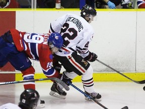 Strathroy Rockets forward Spencer Allen falls while pursuing Sarnia Legionnaires centre Alec DeKoning during the Greater Ontario Junior Hockey League game at Sarnia Arena on Thursday, Oct. 6, 2016 in Sarnia, Ont. Sarnia won 4-2. (Terry Bridge/Sarnia Observer)