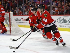 Blackhawks linemates Patrick Kane (88) and rookie Artemi Panarin (72) played off each other’s talents to tremendous seasons last year.  (Jonathan Daniel, Getty Images)