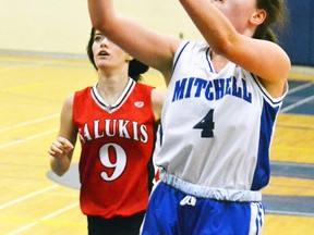 During a junior girls basketball game against St. Marys DCVI at Mitchell District High School Oct. 5, MDHS junior Danica Hanson (4) drives to the basket. Hanson led all scorers with 10 points in a 35-16 victory. GALEN SIMMONS MITCHELL ADVOCATE