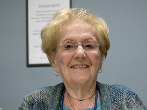 Esther Parkhill celebrated her 100th birthday at Tillsonburg District Memorial Hospital where she volunteers 20 hours per week at the patient admitting information desk. (CHRIS ABBOTT/TILLSONBURG NEWS)