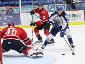 Ryan Valentini, right, of the Sudbury Wolves, puts a puck past goalie Michael McNiven, of the Owen Sound Attack, during OHL action at the Sudbury Community Arena in Sudbury, Ont. on Friday October 7, 2016. John Lappa/Sudbury Star/Postmedia Network