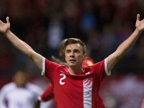 Canada's Nik Ledgerwood celebrates his goal against El Salvador during second half FIFA World Cup qualifying soccer action in Vancouver, B.C., on Tuesday September 6, 2016. Ledgerwood has re-signed with FC Edmonton for another season.