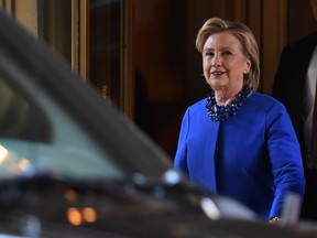 Democratic presidential nominee Hillary Clinton leaves a Hillary Victory Fund event in New York on October 6, 2016. / AFP PHOTO / TIMOTHY A. CLARYTIMOTHY A. CLARY/AFP/Getty Images
