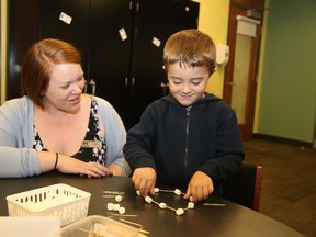 Vanessa Prichard works with John Nanos during sessions about the basics of engineering offered at the Belleville Public Library.