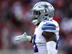 Ezekiel Elliott of the Dallas Cowboys reacts after rushing for a first down against the San Francisco 49ers at Levi's Stadium on Oct. 2, 2016 in Santa Clara, California. (Ezra Shaw/Getty Images)