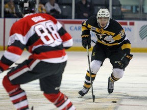 Kingston Frontenac Jakob Brahaney makes his way to the Ottawa 67's zone during the second period of Ontario Hockey League action at the Rogers K-Rock Centre in Kingston, Ont. on Sunday October 9, 2016. The 67's defeated the Frontenacs 5-4. Steph Crosier/Kingston Whig-Standard/Postmedia Network