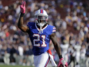 Buffalo Bills defensive back Nickell Robey reacts after grabbing an interception during the second half of an NFL football game against the Los Angeles Rams. (AP Photo/Jae C. Hong)