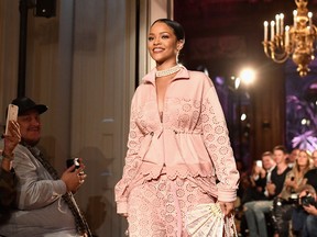 Rihanna walks the runway during FENTY x PUMA by Rihanna at Hotel Salomon de Rothschild on September 28, 2016 in Paris, France. (Photo by Jacopo Raule/Getty Images for Fenty x Puma)