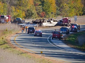 A transport truck carrying ethanol and diesel fuel was travelling east on the 402, just east of Wonderland Road, when it struck the median and rolled around 7:30 a.m., Middlesex OPP said. The truck driver, identified as Jagjit Singh Deol, died at the scene. DEREK RUTTAN / THE LONDON FREE PRESS