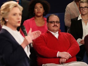 Kenneth Bone listens as Democratic presidential nominee Hillary Clinton answers a question during the second presidential debate with Republican presidential nominee Donald Trump at Washington University in St. Louis, Sunday, Oct. 9, 2016. (Rick T. Wilking/Pool Photo via AP)