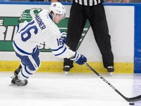 Toronto Maple Leafs forward Mitch Marner moves the puck against the Ottawa Senators during the third period of an NHL pre-season hockey game in Saskatoon, Tuesday, October 4, 2016. (THE CANADIAN PRESS/Liam Richards)