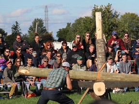 Gage Robson and Devin Tabbert of the Westcoast Lumberjack Show show crosscut saw work to a Brigden Fair audience. Photo taken at Brigden, Ontario on Saturday, Oct. 8, 2016 (Neil Bowen/Sarnia Observer)