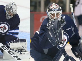 Winnipeg Jets goalies Connor Hellebuyck (left) and Michael Hutchinson.