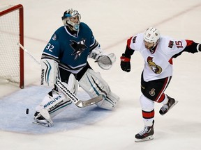Zack Smith of the Ottawa Senators celebrates after he made a penalty shot against Alex Stalock of the San Jose Sharks in the third period at SAP Center on January 18, 2016 in San Jose, California. (Ezra Shaw/Getty Images)