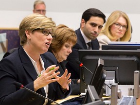 Elgin-Middlesex-London MP Karen Vecchio addresses the corporate services committee Tuesday as she and fellow MPs Irene Mathyssen, Peter Fragiskatos and Kate Young meet with city politicians at city hall to discuss local issues. (CRAIG GLOVER, The London Free Press