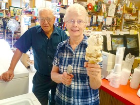 Allan and Lucy Miller of Huron-Kinloss' Holyrood General Store show off the fabled 'large' ice cream cone many try to attempt during visits to the rural business between Lucknow and Ripley. Celebrating 30 years in 2016, the store sold over 23,000 litres of ice cream, by the cone, in 2016. (Troy Patterson/Kincardine News and Lucknow Sentinel)