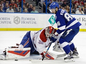 Tampa Bay Lightning forward Nikita Kucherov is stopped by Montreal Canadiens goalie Mike Condon. (Postmedia Network file photo)